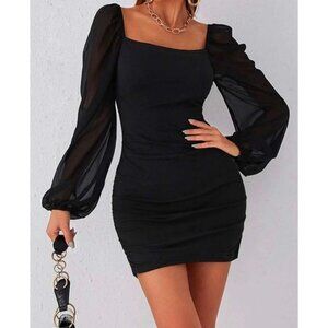 SHEIN Bodycon Pleated Black Women's Long Sleeve Sheer Mini Dress Size Small